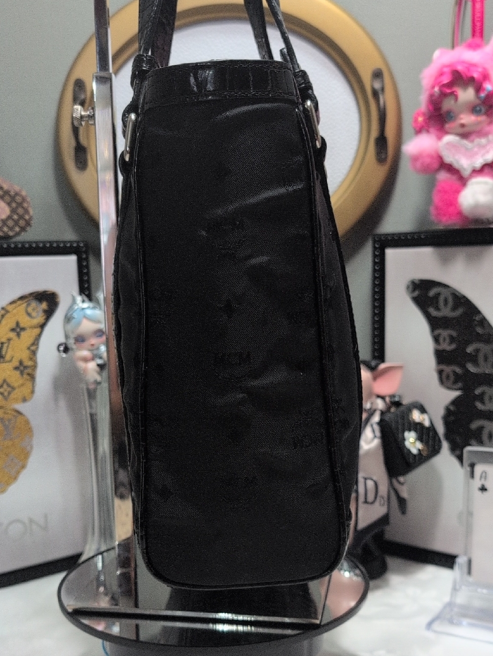 MCM Black Nylon Signature Monogram & Patent Leather Croc Embossed Trim Tote NEW - Picture 9 of 17
